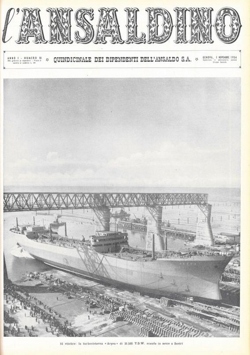 p. 1 (copertina), la turbocisterna Argea scende in mare a Sestri il giorno 16 ottobre 1954